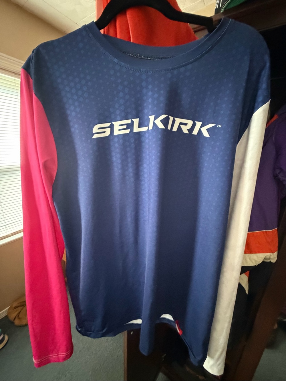 Selkirk Men's Long Sleeve Performance Shirt - Navy with Pink & White Sleeves